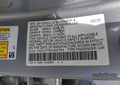 2022 Honda Accord Ex-L из США, поврежденный, VIN 1HGCV1F52NA027694